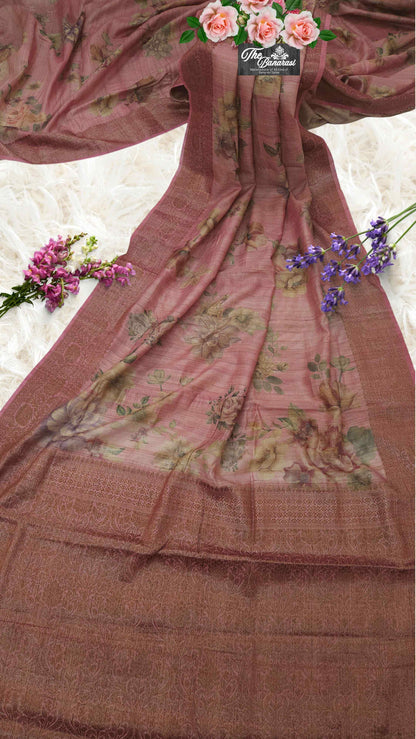 Rose Pink Pure Tussar Georgette Antique Zari Print  Banarasi Handloom Saree