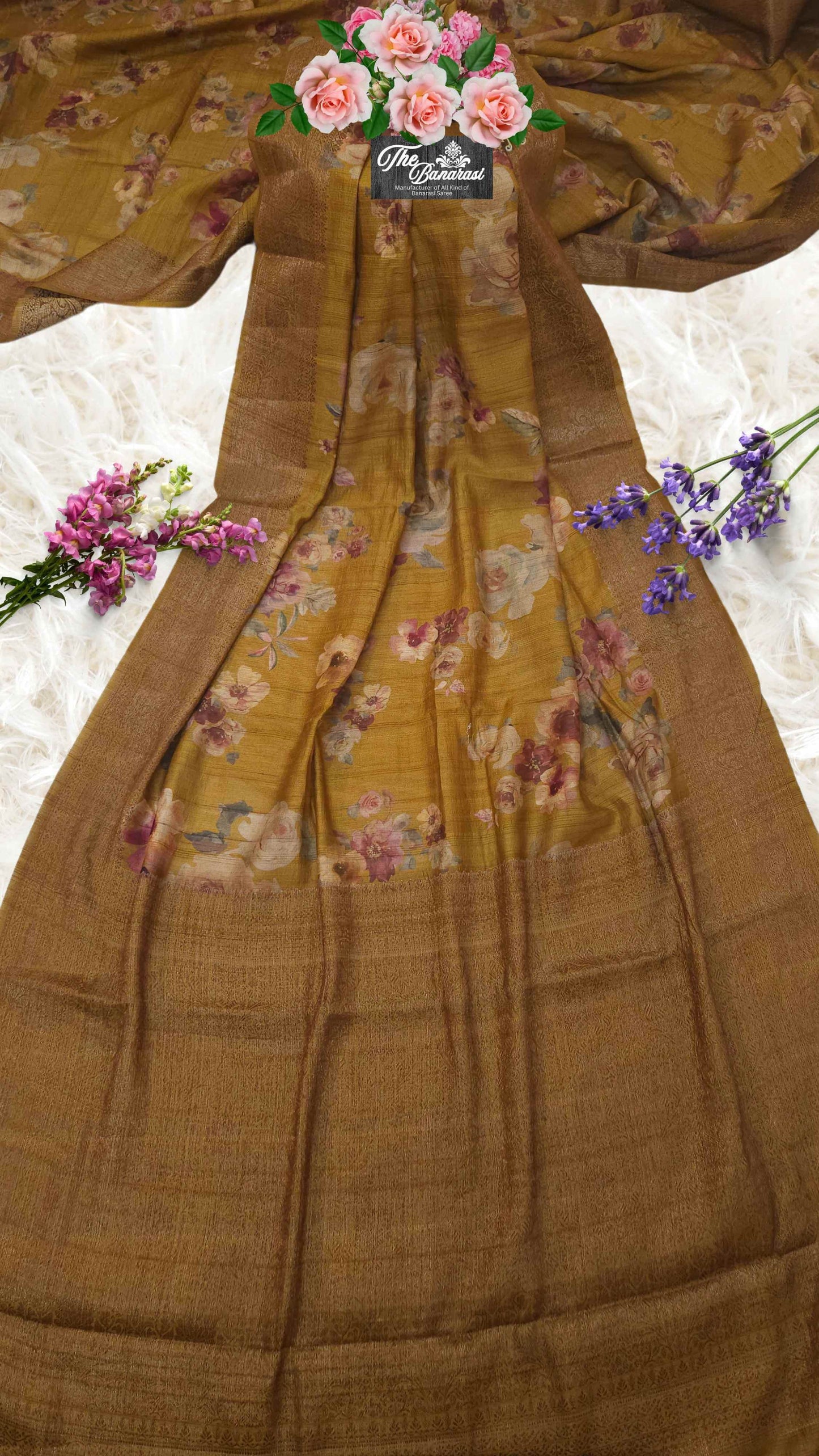 Mustard Color Pure Tussar Georgette Antique Zari Print Banarasi Handloom Saree