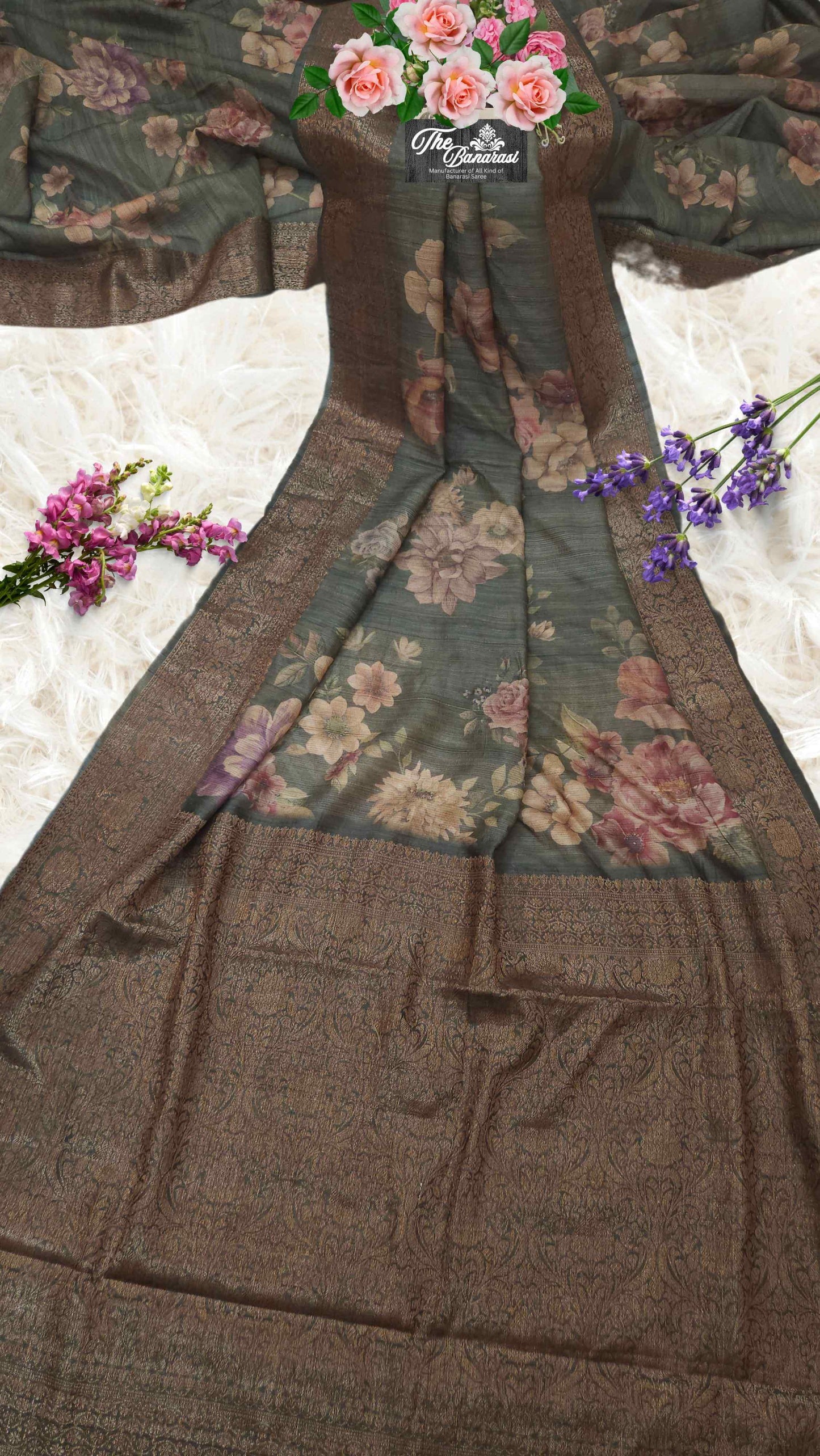 Hunter Green Pure Tussar Georgette Antique Zari Print Banarasi Handloom Saree