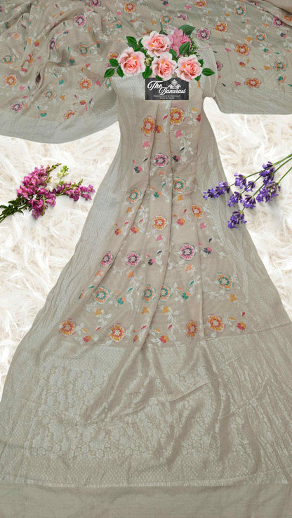 Cream Color Pure Tussar Georgette Meenakari Design Banarasi Handloom Saree