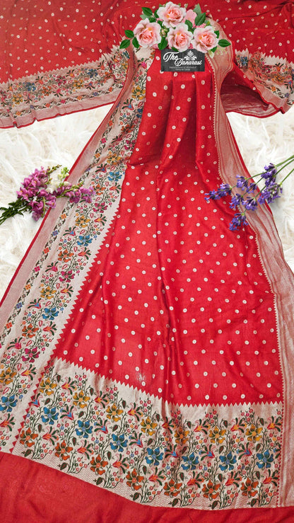 Red Color Pure Tussar Georgette Meenakari Design Banarasi Handloom Saree